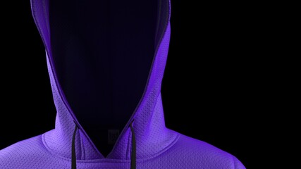 Anonymous hacker with purple hoodie in shadow under spot lighting background. Dangerous criminal concept image. 3D CG. 3D illustration. 3D high quality rendering.