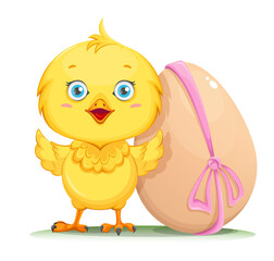 Cute little chick standing near decorated egg