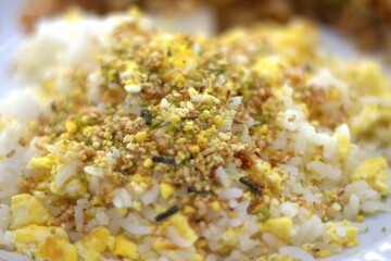 cooked rice with furikake, spiced food, spiced rice, spiced meal, rice seasoned with furikake