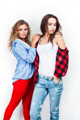 Fototapeta na wymiar best friends teenage girls together having fun, posing emotional on white background, besties happy smiling, lifestyle people concept, blond and brunette multi nations