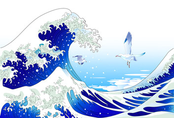 浮世絵風景,大波とカモメ