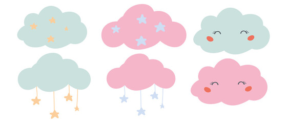 Cute pink and blue clouds set isolated on white background for scrapbooking, decal, planner stickers, decor for nursery