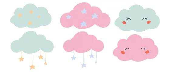 Foto op Canvas Cute pink and blue clouds set isolated on white background for scrapbooking, decal, planner stickers, decor for nursery © Olga