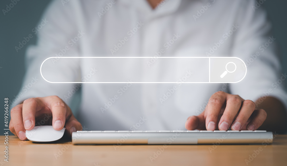 Aufkleber Data Search Technology Search Engine Optimization. man's hands are using a computer keyboard to Searching for information. Using Search Console with your website.