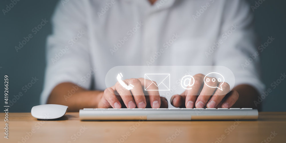 Aufkleber customer support hotline contact us people connection. businessman using computer keyboard with the 