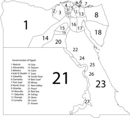 White vector map of the Arab Republic of Egypt with black borders and names of its governorates