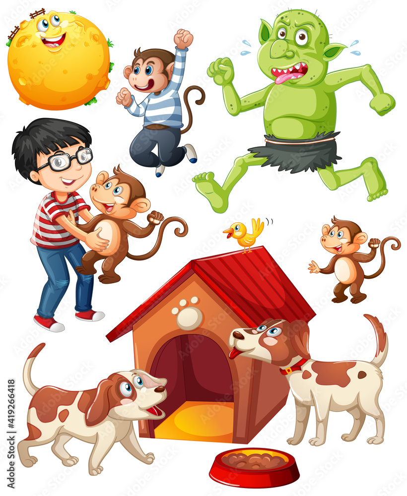 Sticker Set of fantasy cartoon character and animal isolated on white background