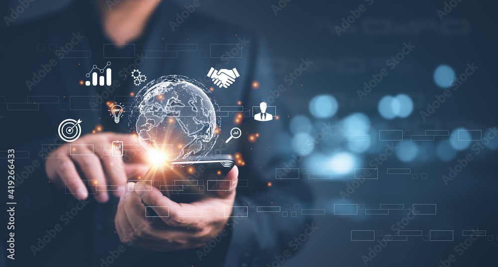 Poster Businessman using mobile smart phone. Business global internet connection application technology and digital marketing, Financial and banking, Digital link tech, big data.