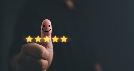 Customer satisfaction concept. Hand with thumb up Positive emotion smiley face icon and five star...