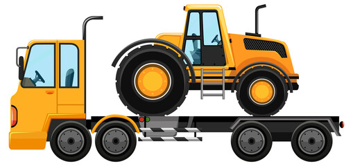 Tow truck carrying construction car isolated on white background