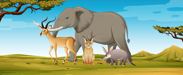 Group of wild african animal in the forest scene