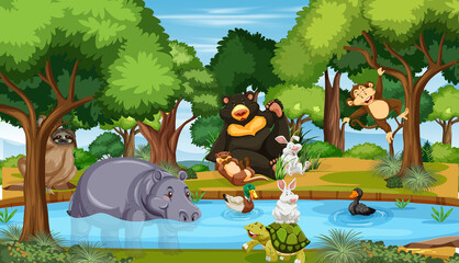 Many different animals in the forest scene