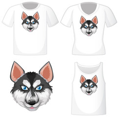 Siberian husky cartoon character logo on different white shirt isolated on white background