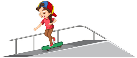 Girl playing skatboard on the ramp on white background