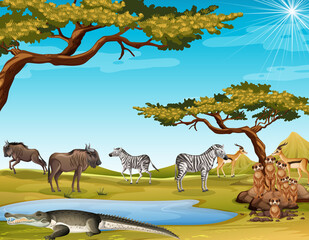 Gruppe wilder afrikanischer Tiere in der Waldszene © blueringmedia