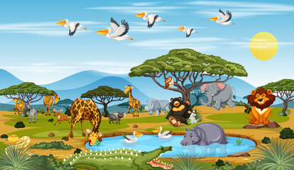 Many different animals in the forest scene
