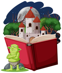 Goblin or troll cartoon character with a story book