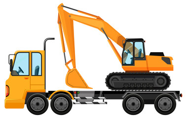 Tow truck carrying big crane tractor on isolated background