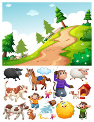 Nature park scene with isolated cartoon character and objects