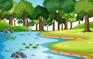 Nature forest landscape scene with many fishes in the stream