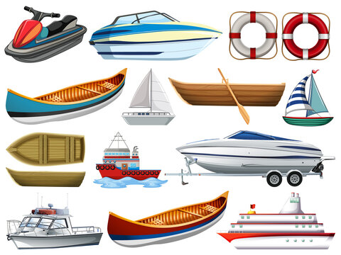 Set of different kind of boats and ship isolated on white background