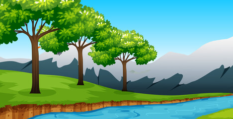 Forest background scene with many tree and river