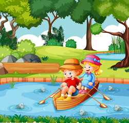 Obraz na płótnie Canvas Boy and girl row the boat in the park