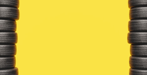 yellow background with two columns of tires on the sides and space for text. 3d rendering