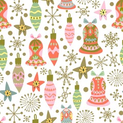 Christmas Cute Festive Seamless pattern of Christmas toys in lovely colour palette.