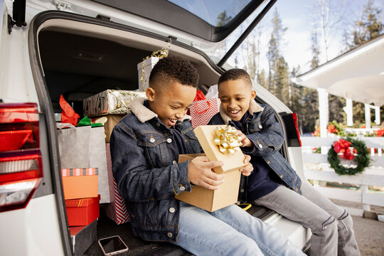 Twin brothers looking at Christmas gifts in trunk of car