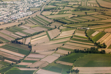 Aerial view of fields near Kashgar-Kyshtak town near Osh, Kyrgyzstan