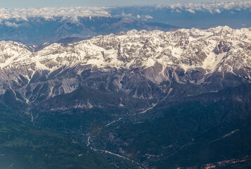 Aerial view of snow covered Tian Shan mountains in Kyrgyzstan