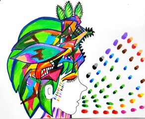 illustration of a background with a woman secreting colors from her mouth-mother nature concept