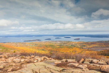 USA, Maine, Mt. Desert Island. Acadia National Park, Cadillac Mountain, view towards bar Harbor from the summit.