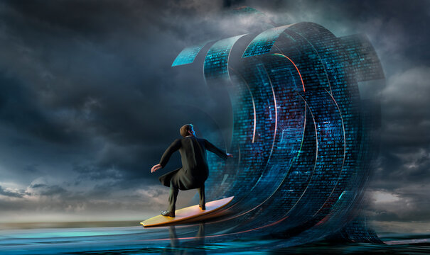 Businessman surfing binary code waves