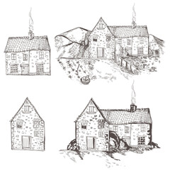 Collection of vector hand drawn houses, village vintage farm buildings