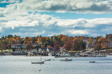 Fototapeta na wymiar USA, Maine, Mt. Desert Island. Northeast Harbor, fishing boats during autumn.