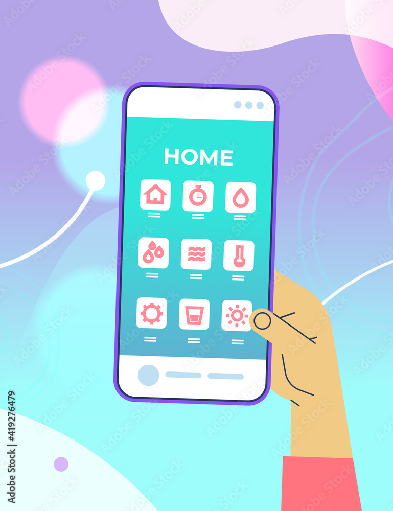 Poster human hand using mobile app for smart house system control on smartphone screen technology and lifes