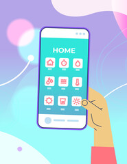 human hand using mobile app for smart house system control on smartphone screen technology and lifestyle concept vertical vector illustration