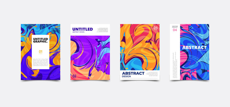 Colorful abstract fluid background. Dynamic liquid marble wave texture. Modern cover poster template set.
