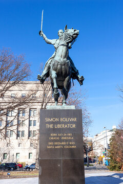 Washington DC, USA 11-29-2020: Close up frontal image of statue of Simon Bolivar on a horse with his sword in his hand. He is the liberator of Venezuela and Colombia after fighting against colonialism