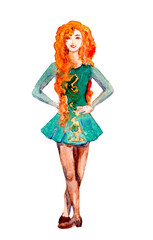 Ginger girl dancing Irish dance, watercolor drawing isolate on white background
