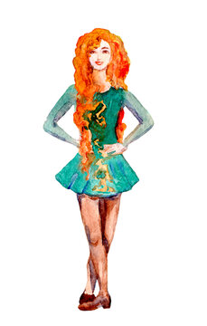 Ginger girl dancing Irish dance, watercolor drawing isolate on white background