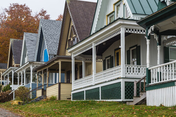 USA, Maine, Bayside. Bayview Cottages, oceanside community at a former religious themed resort...