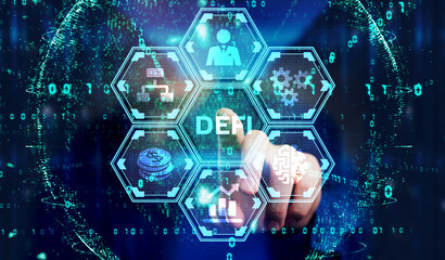Obraz premium DeFi -Decentralized Finance on dark blue abstract polygonal background. Concept of blockchain, decentralized financial system.