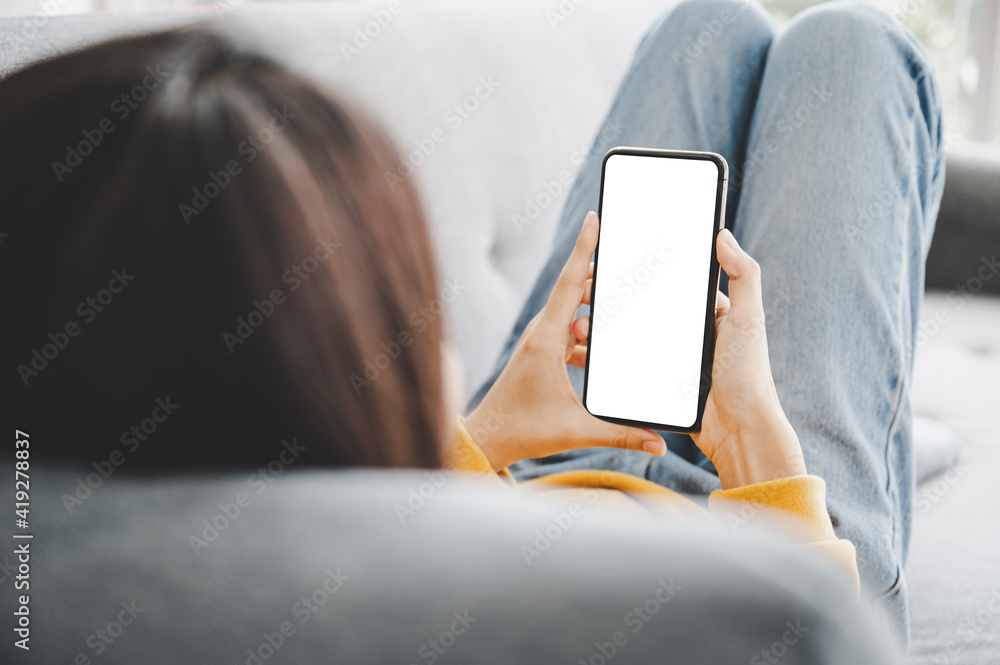 Poster woman using mobile smartphone and device white screen empty space smart phone, clipping path include