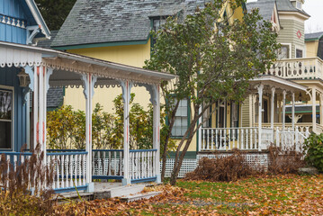 USA, Maine, Bayside. Bayview Cottages, oceanside community at a former religious themed resort...