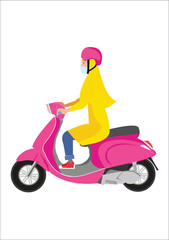 Fototapeta na wymiar illustration of a Muslim woman riding a scooter, vector of an Arab woman riding a scooter