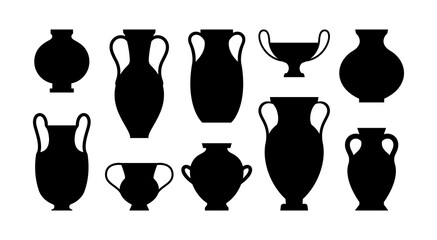 Greek Vases Black Silhouettes in A Simple Style. Vector Illustrations of various Clay Vessels for creating Patterns, Prints, Posters, Collages, Logos, and more.