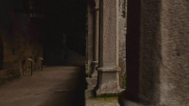 Plano de izquierda. derecha del patio, con un &aacute;rbol, de un monasterio abandonado al atardecer (monasterio de Santa Cristina, Galicia)